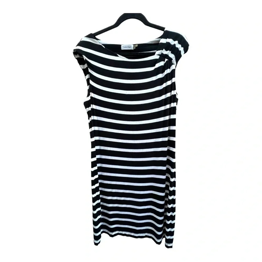 Calvin‎ Klein Womens Dress Size 14 Sheath Black White Striped Knit Sleeveless